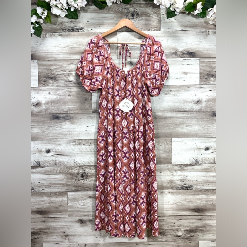 Knox rose women's size XL artsy batik rayon puff sleeve midi boho prairie dress